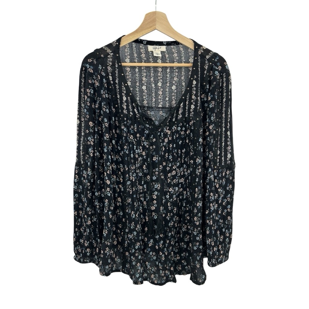 Style & Co Black Floral Print Long Sleeve Blouse